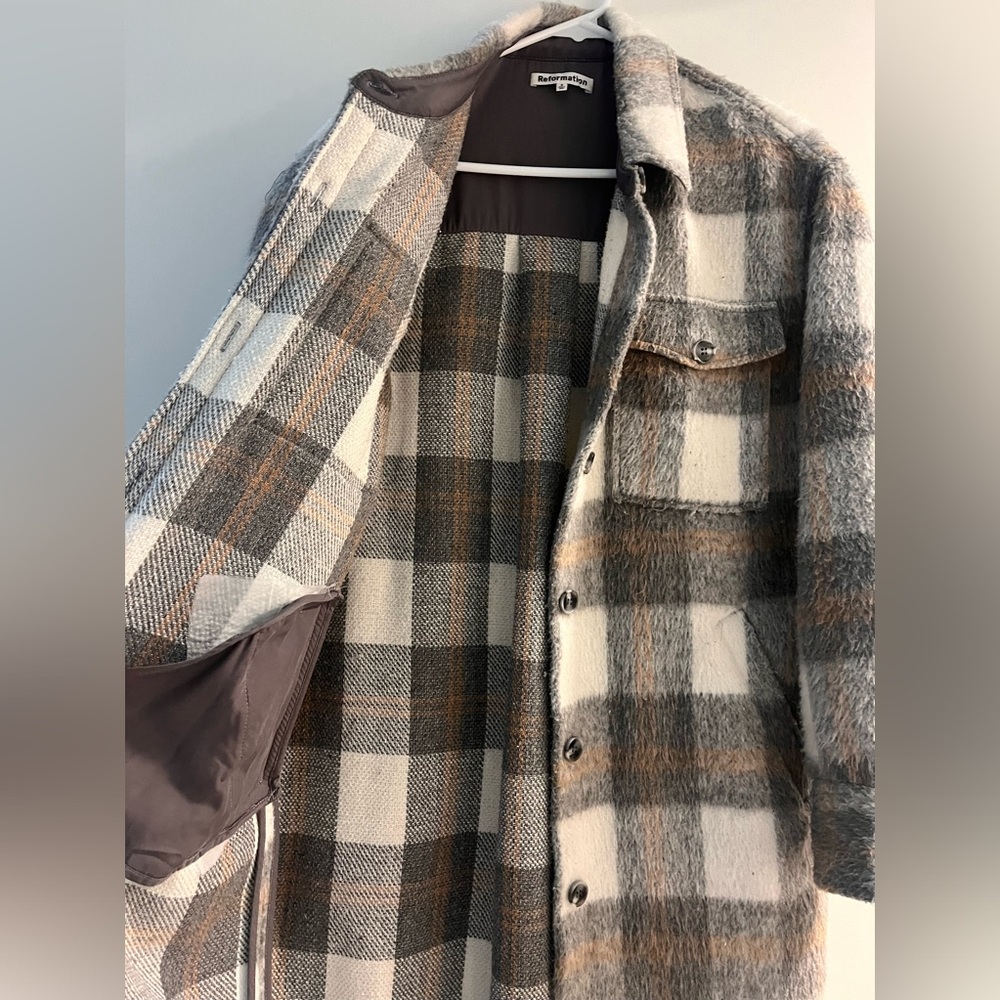 Reformation plaid tan and grey trench coat